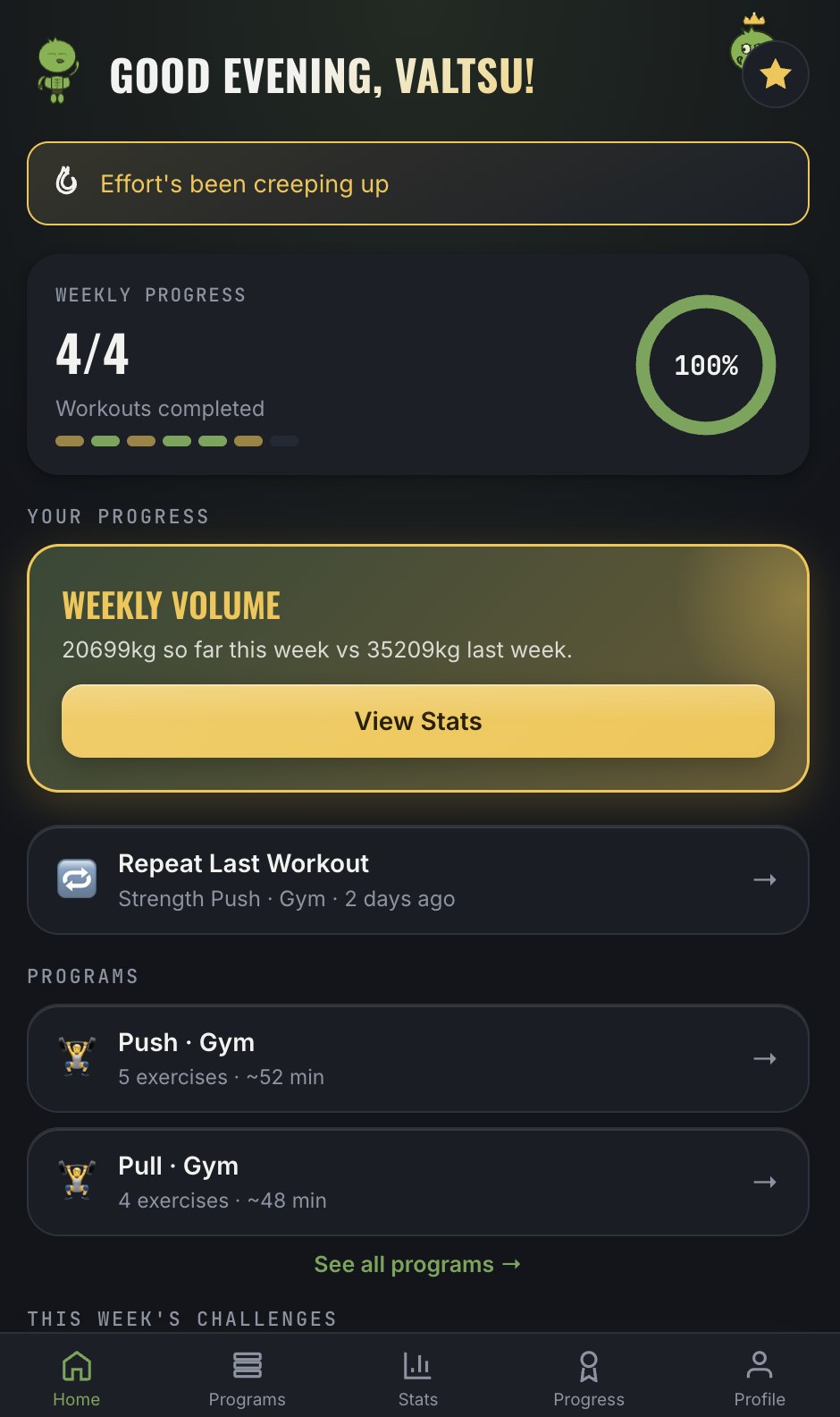 BuffBird home screen showing weekly progress, weekly volume and programs