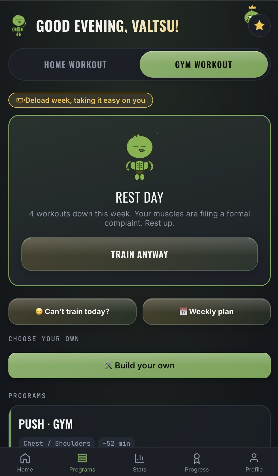 Programs screen with a push workout plan and a rest-day recommendation