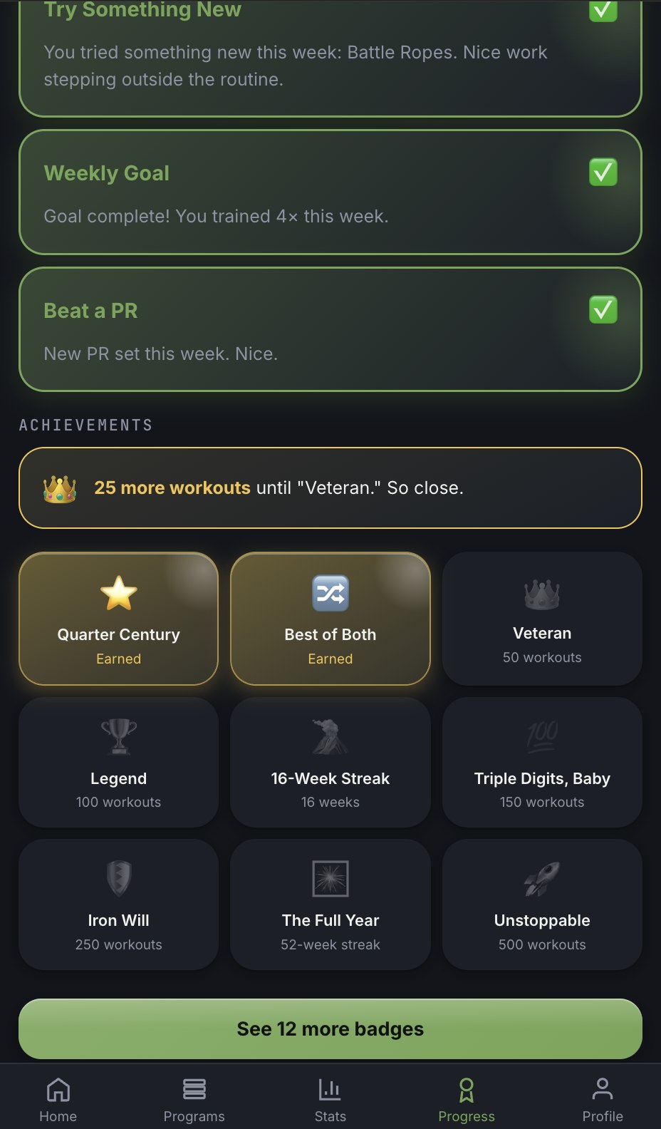 Achievements screen with earned and upcoming badges